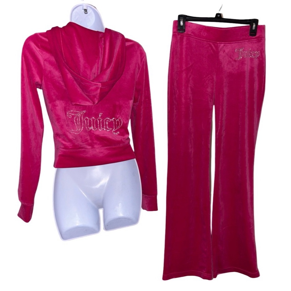 JUICY COUTURE FREE LOVE HOT PINK  RHINESTONE VELOUR ZIP UP CROPPED TRACKSUIT NWT
